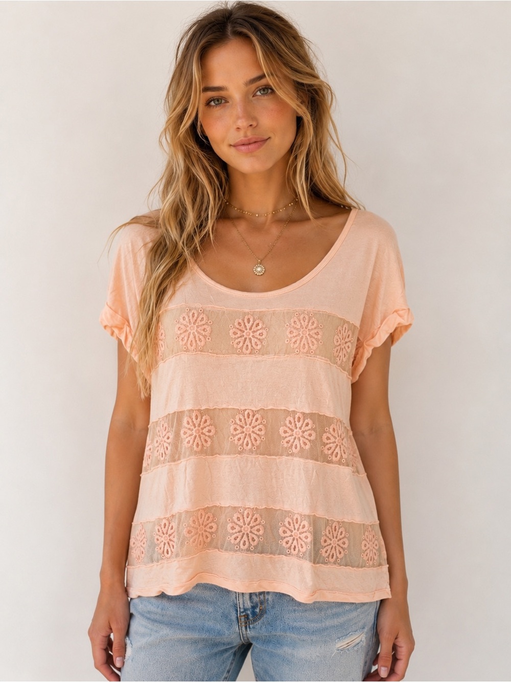 Free People Blush Pink Embroidered Mesh Floral Top Size Small